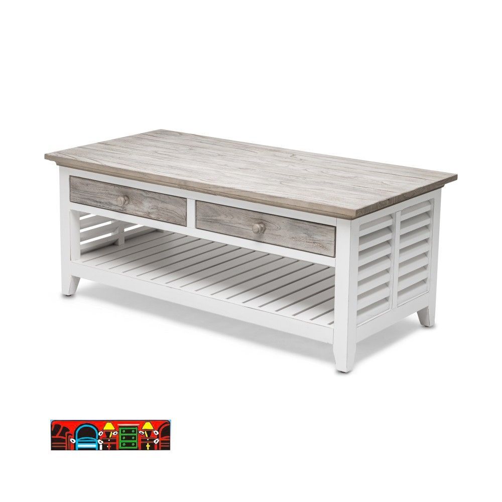 Islamorada Cocktail table in white and distressed grey, featuring shutter accents, equipped with two drawers and a bottom shelf.