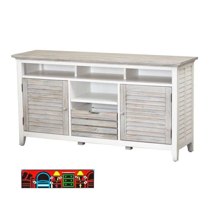 The Islamorada Entertainment Center has the perfect two-tone combination. The gray finish is the result of a multi-step process that lightly distresses the wood creating a beautiful depth of color and texture, complemented by a gently glazed white on the frame. Featuring 3 open cubbies just below the top with 2 doors under & open cubby in the center above a crate style basket.
