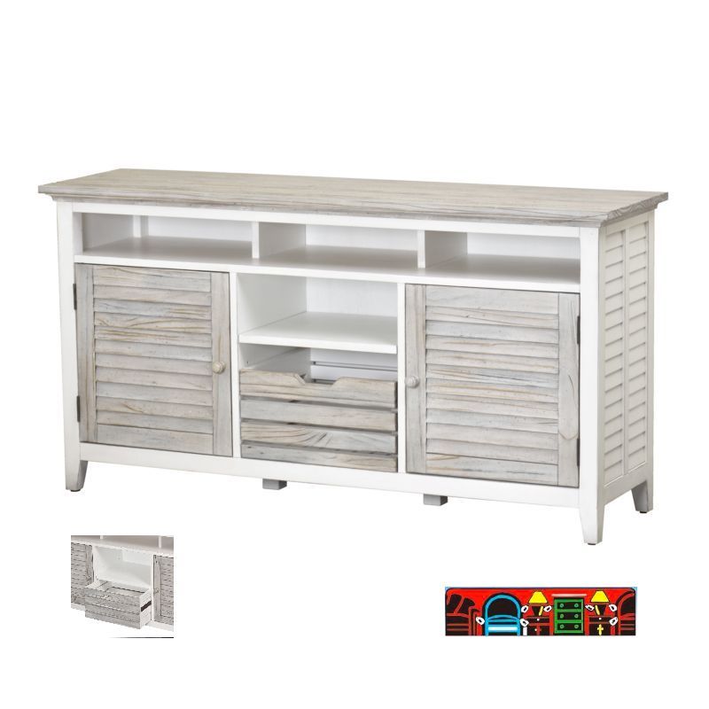 Islamorada Entertainment Center, crafted from wood, in white and distressed grey, with 2 doors and 1 drawer in a coastal design.  