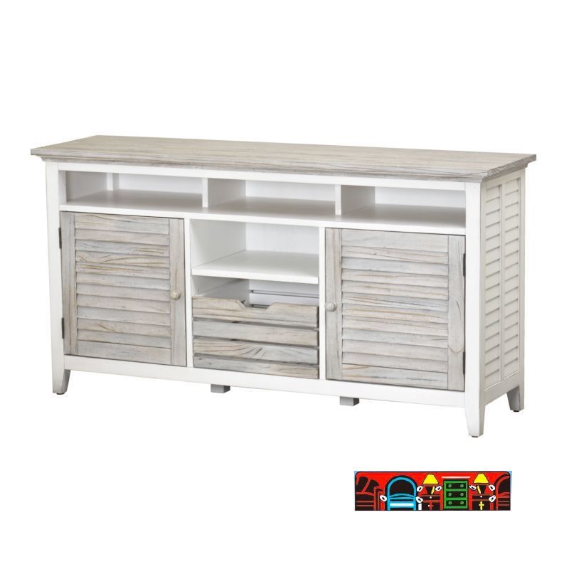 Islamorada Entertainment Center, crafted from wood, in white and distressed grey, with a coastal design.