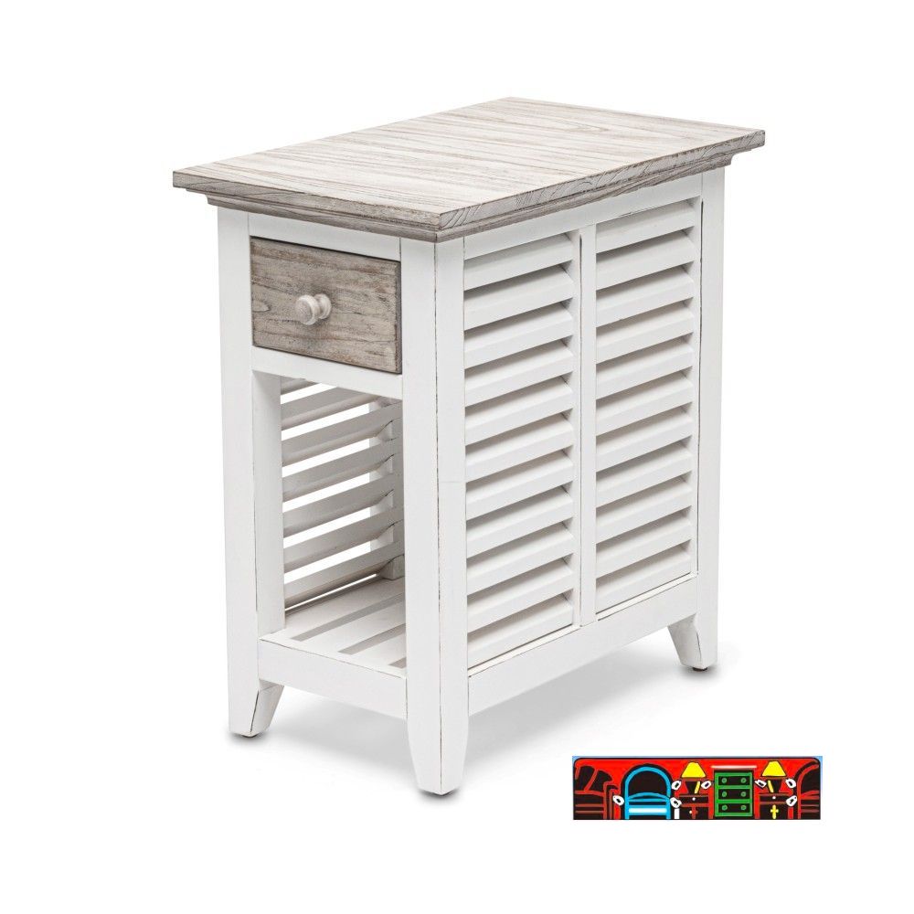 Islamorada Chairside table in white and distressed grey, featuring shutter accents, equipped with a drawer and a bottom shelf.