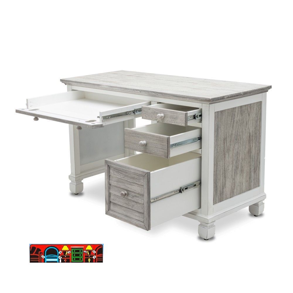 The Islamorada desk and chair set features a coastal design, crafted from wood with a file drawer and a keyboard drawer. It is finished in white and distressed grey, complete with shutter accents.