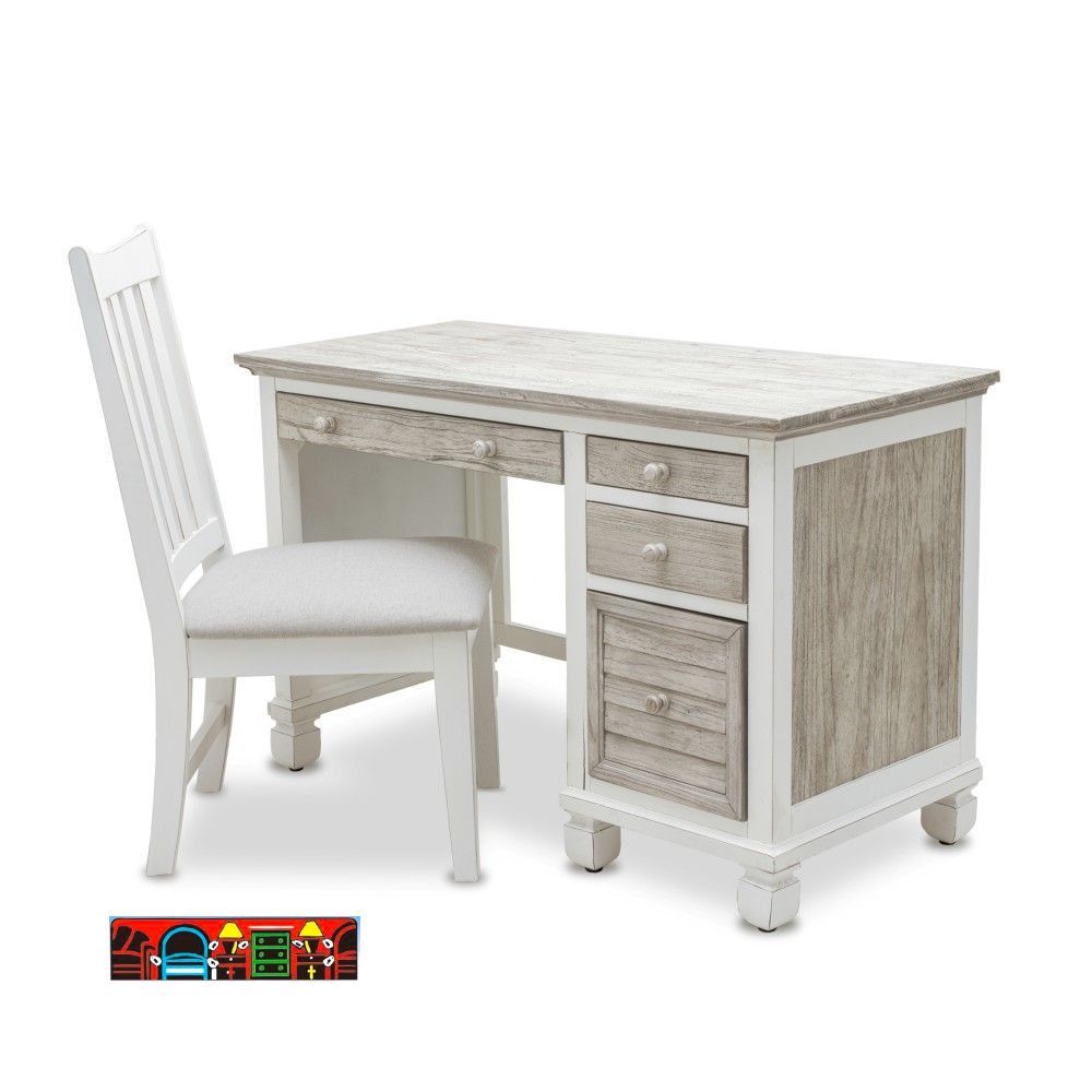 The Islamorada desk and chair set features a coastal design, crafted from wood with four drawers, finished in white and distressed grey, and detailed with shutter accents.