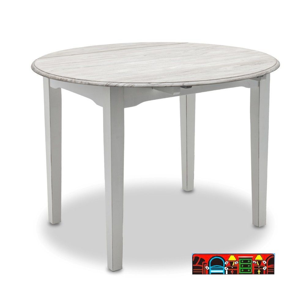 Islamorada 'Round drop-leaf table featuring a white base with a distressed grey tabletop.'
