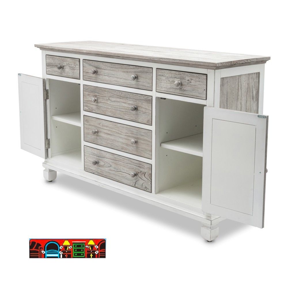 Islamorada Dresser, coastal style, wood, six drawers, two doors, white and distressed grey, with shutter accents.