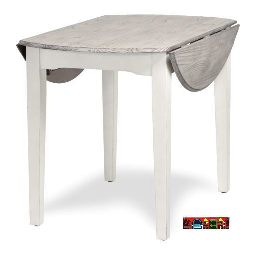 Islamorada 'Drop-leaf table, circular in shape, featuring a white base with a distressed grey surface.'
