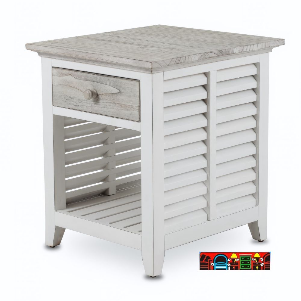 Islamorada end table in white and distressed grey, featuring shutter accents, equipped with a drawer and a bottom shelf.