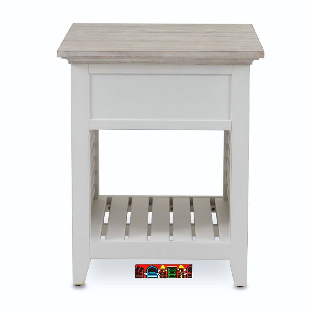 Islamorada end table in white and distressed grey, featuring shutter accents, equipped with a drawer and a bottom shelf. Showcasing the back side.