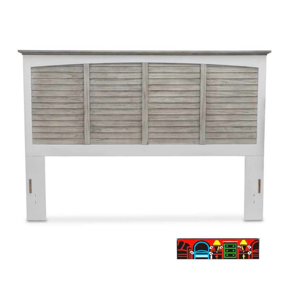 Islamorada King Panel Headboard, crafted from wood in white and distressed grey, features a coastal design with shutter accents.