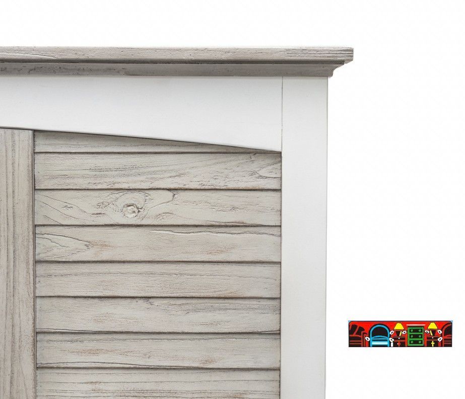 Close-up of the Islamorada Panel Headboard: crafted from wood, featuring a white and distressed grey finish, coastal design, and detailed with shutter accents.