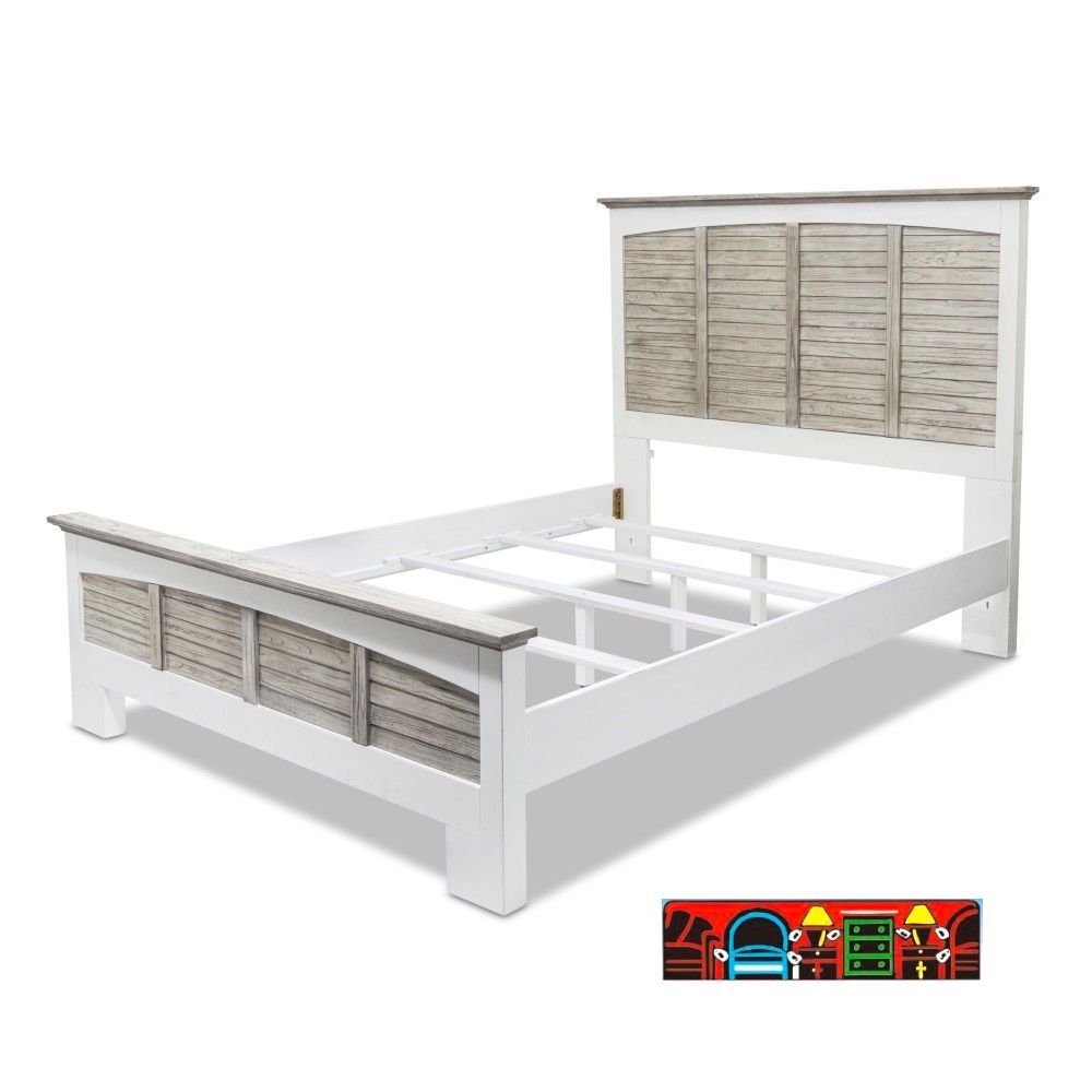 Islamorada Panel Bed, crafted from wood, features a white and distressed grey finish with coastal design elements and shutter accents.