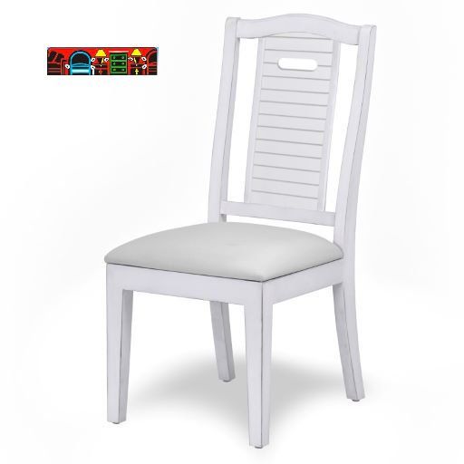 'White wooden dining chair with a shutter-back design and a grey cushion.'