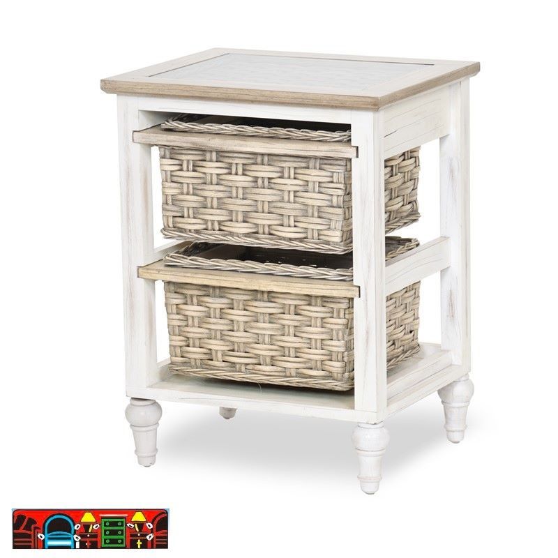 Island Breeze two basket storage cabinet, featuring wood and wicker with a glass top, in distressed white and light brown, are available at Bratz-CFW in Fort Myers, FL.