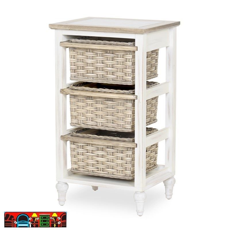 Island Breeze three basket storage cabinet, featuring wood and wicker with a glass top, in distressed white and light brown, are available at Bratz-CFW in Fort Myers, FL.