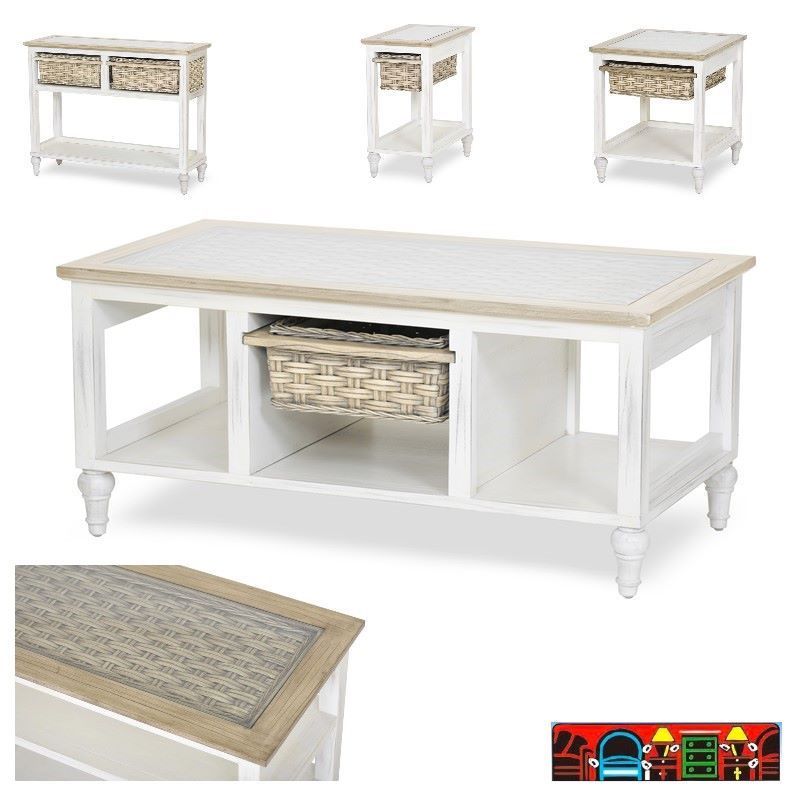 Island Breeze Occasional Tables, featuring wood and wicker with a glass top, in distressed white and light brown, are available at Bratz-CFW in Fort Myers, FL.