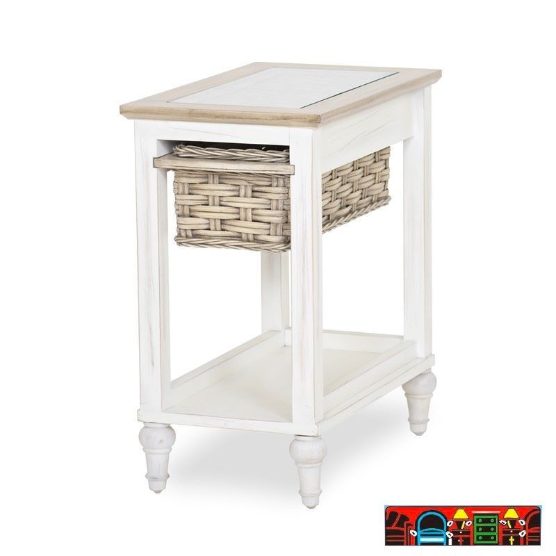 Island Breeze Chairside Table, featuring wood and wicker with a glass top, in distressed white and light brown, are available at Bratz-CFW in Fort Myers, FL.
