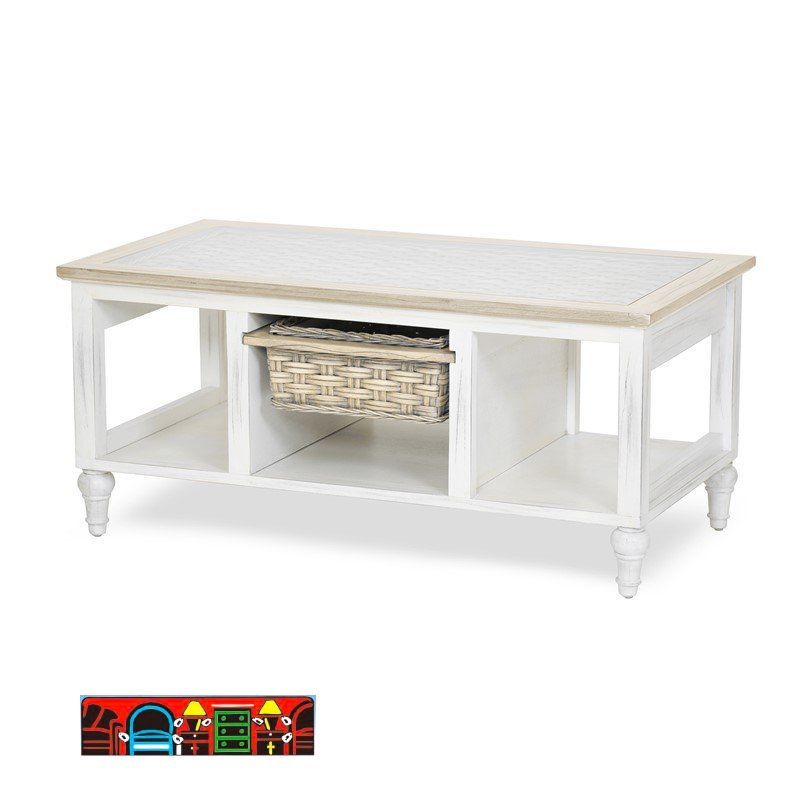 Island Breeze Coffee Table, featuring wood and wicker with a glass top, in distressed white and light brown, are available at Bratz-CFW in Fort Myers, FL.