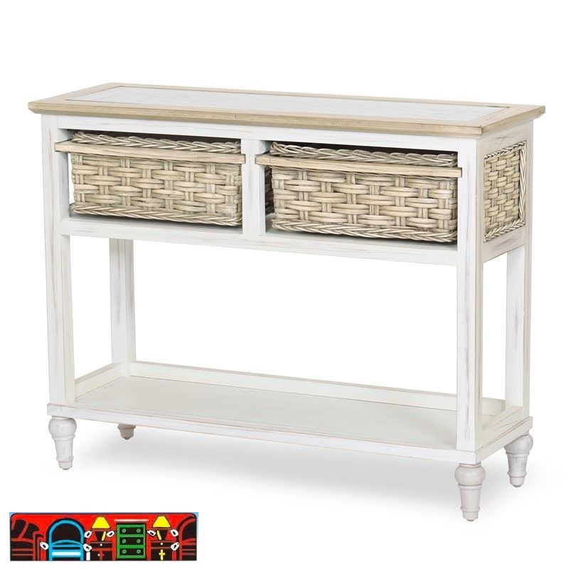 Island Breeze Sofa Table, featuring wood and wicker with a glass top, in distressed white and light brown, are available at Bratz-CFW in Fort Myers, FL.