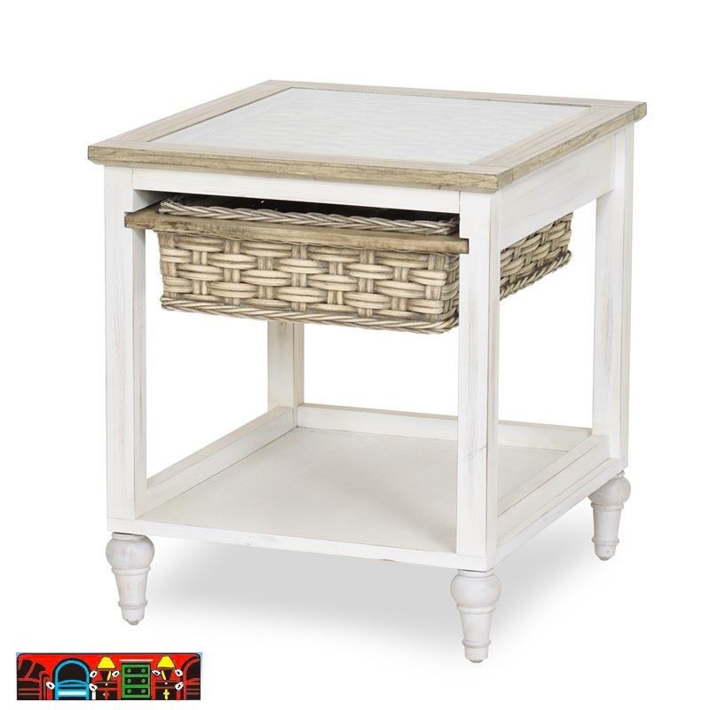 Island Breeze End Table, featuring wood and wicker with a glass top, in distressed white and light brown, are available at Bratz-CFW in Fort Myers, FL.