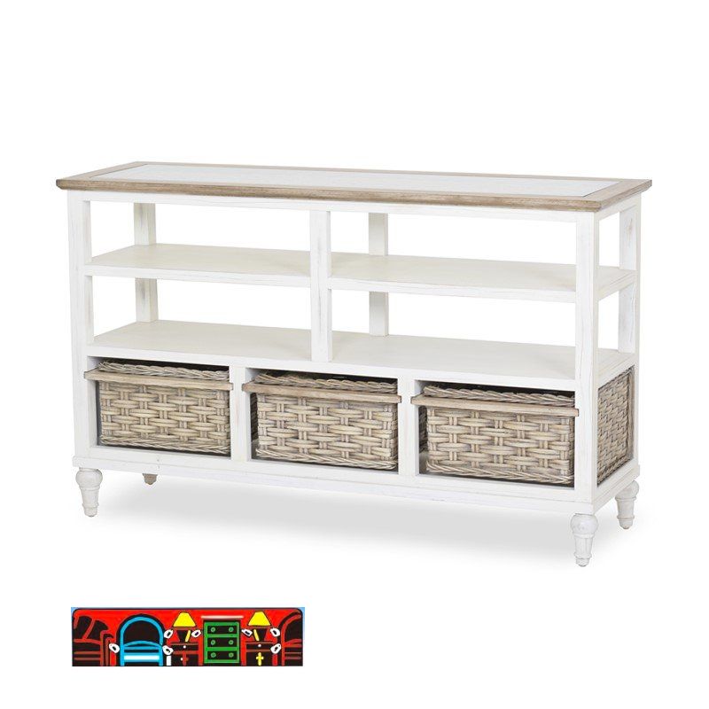 Distressed white and light brown accent entertainment center with 2 lower shelves features 3 woven baskets and glass top.