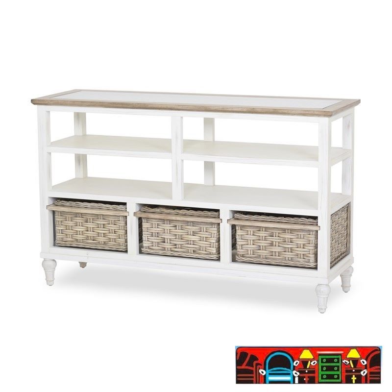Island Breeze Entertainment Center, featuring wood and wicker with a glass top, in distressed white and light brown, are available at Bratz-CFW in Fort Myers, FL.