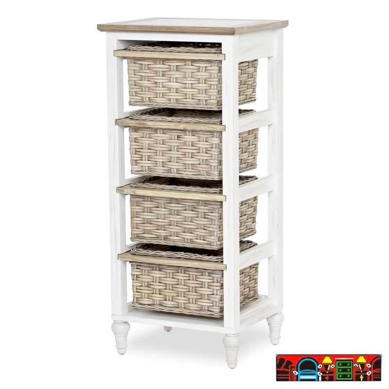 Island Breeze four basket storage cabinet, featuring wood and wicker with a glass top, in distressed white and light brown, are available at Bratz-CFW in Fort Myers, FL.
