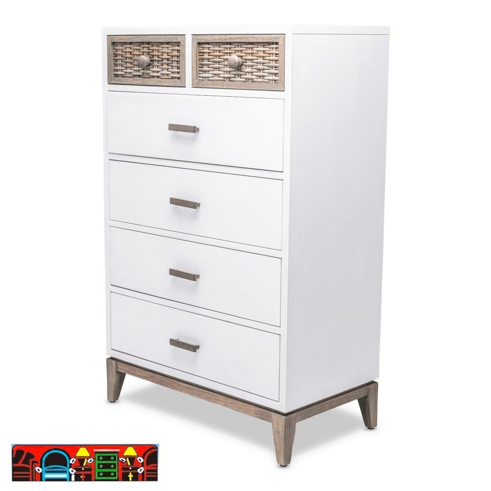 The Kauai Bedroom Crest features a coastal design with a white, weathered wash finish, wicker accents and base.