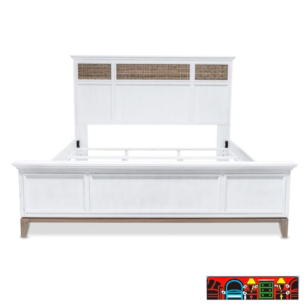 The Kauai King Bed set features a coastal design with a white, weathered wash finish, wicker accents base.