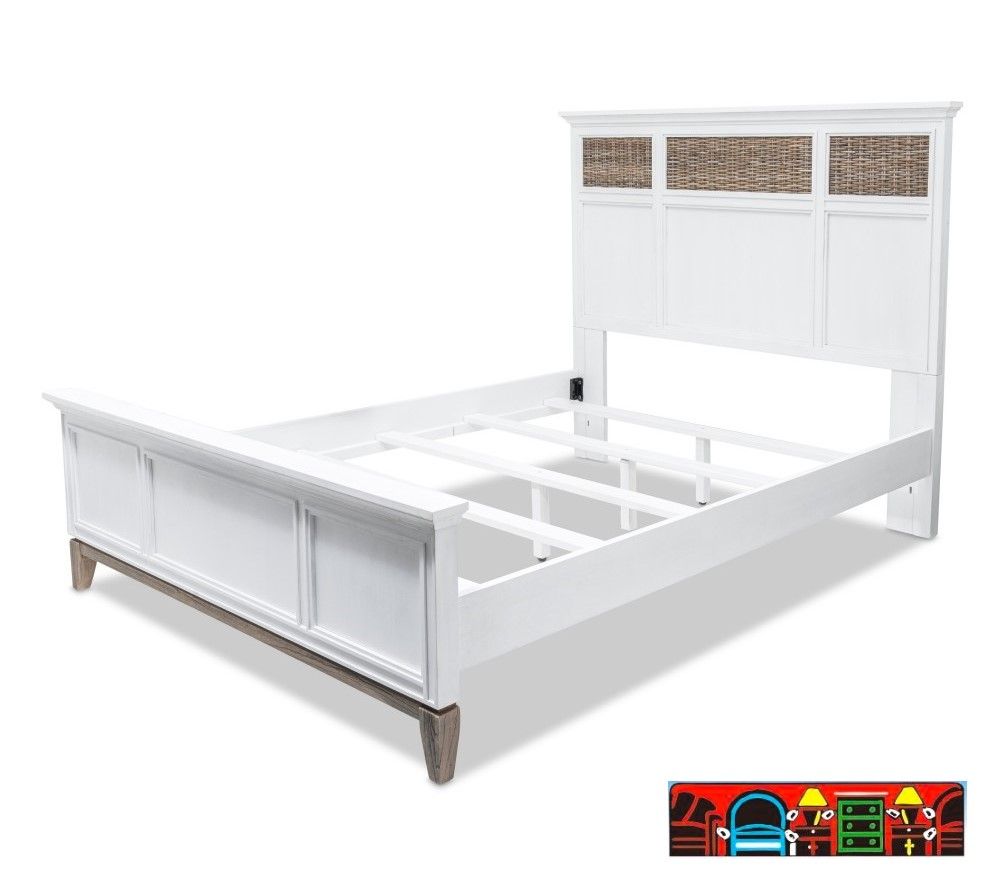 The Kauai Queen Bed set features a coastal design with a white, weathered wash finish, wicker accents base.