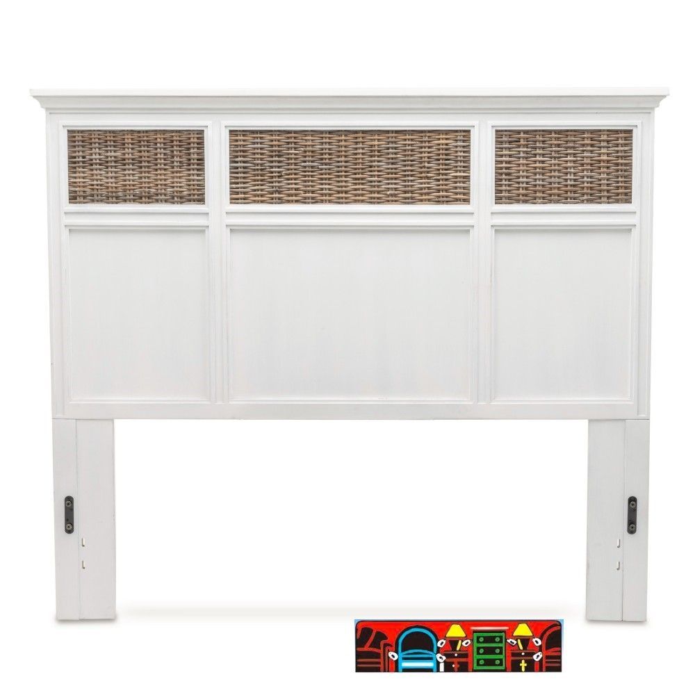 The Kauai Headboard features a coastal design with a white, weathered wash finish, wicker accents.
