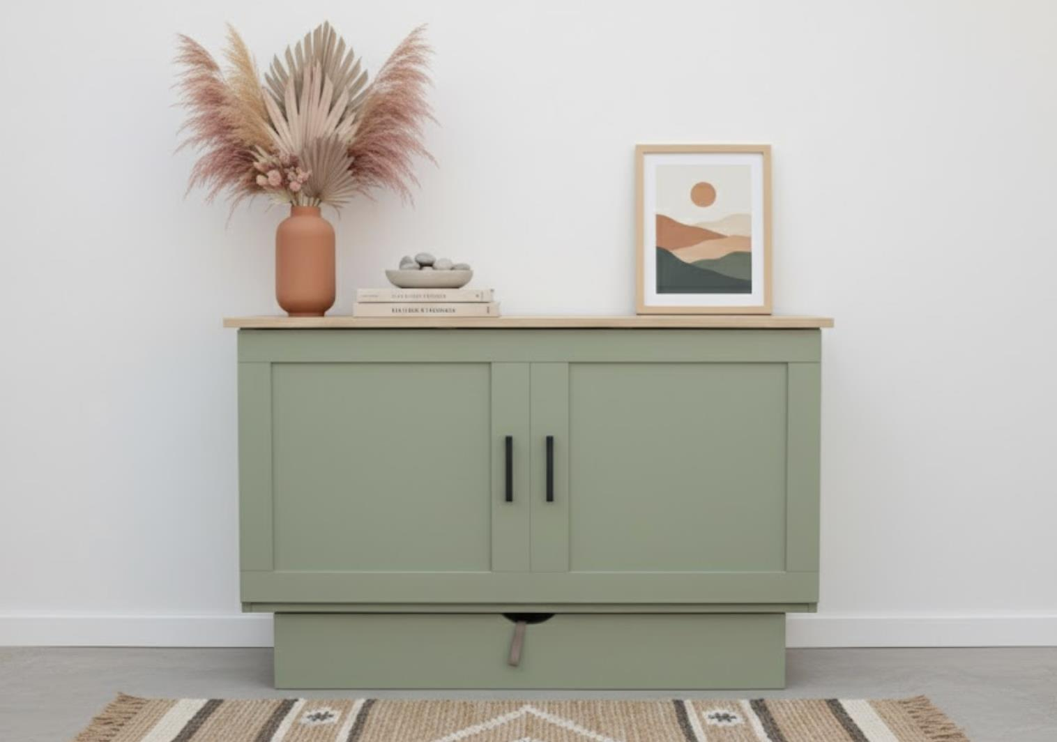 Mint green cabinet bed with a natural wood top