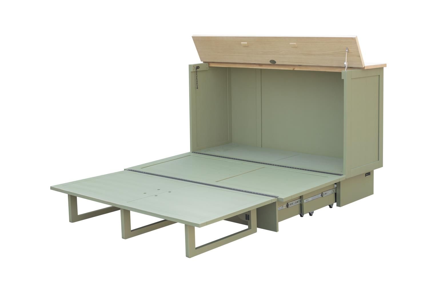 Mint green cabinet bed with a natural wood top. Displayed open without the mattress.