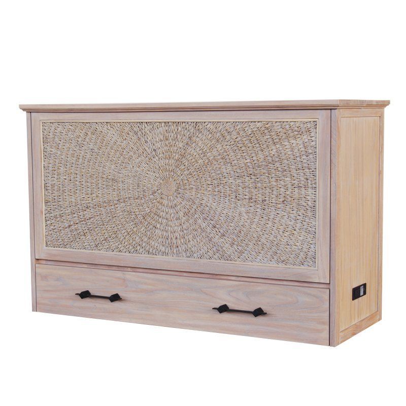 Whitewash wood with a round woven front panel cabinet bed with iron hardware to open the bottom drawer.