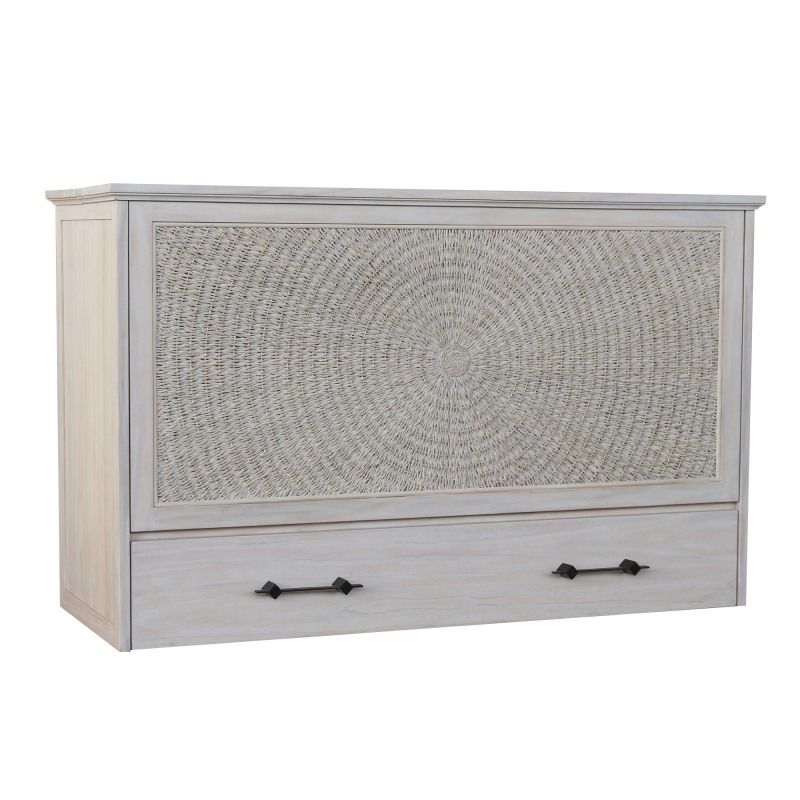 Antique white wood with a round woven front panel cabinet bed with iron hardware to open the bottom drawer.