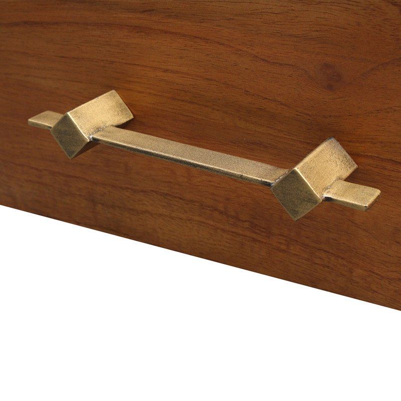 Honey Color wood with a round woven front panel cabinet bed with iron hardware to open the bottom drawer. Close-up of the hardware to open the drawer.