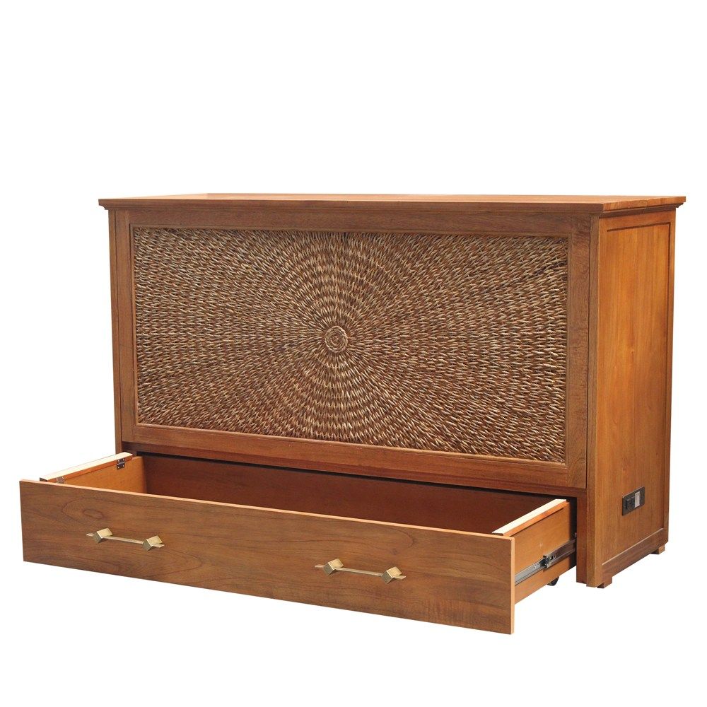 Honey Color wood with a round woven front panel cabinet bed with iron hardware to open the bottom drawer. Pictured at the corner angle showcasing the power supply at the bottom side panel and the drawer opened.