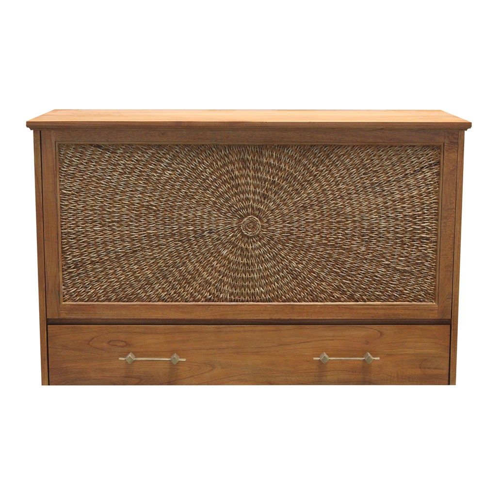 Honey Color wood with a round woven front panel cabinet bed with iron hardware to open the bottom drawer.