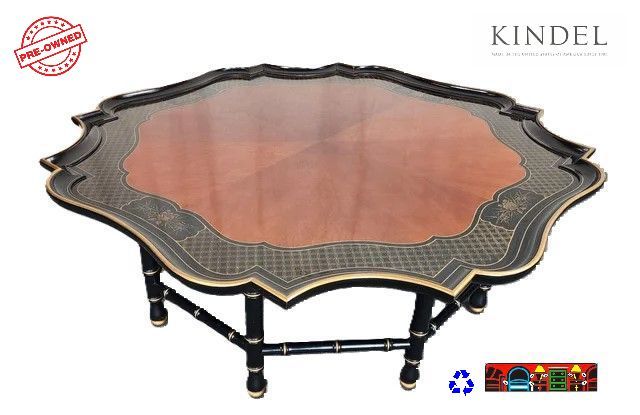 Stunning Gold Decorated Finish Large Impressive Table High Luster Mahogany Top w. Ebonized Base & Edge
