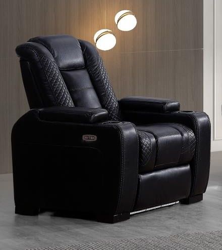 new black hi-back power recliner with led lights, cup holders and under arm-rest storage