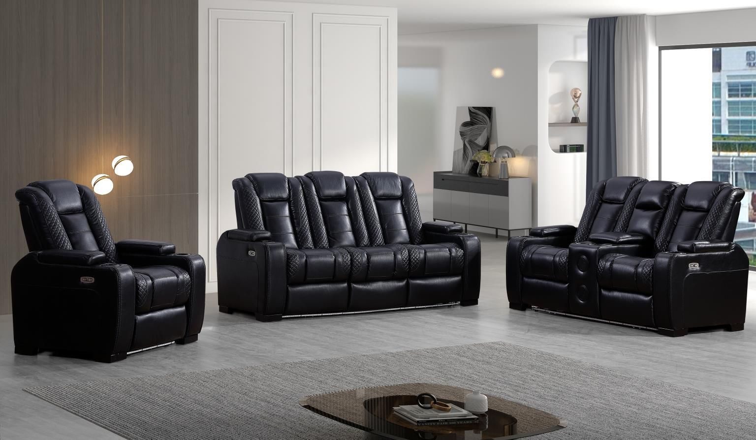 black hi-back reclining sofa, loveseat and recliner with diamond stitching accents and led lights