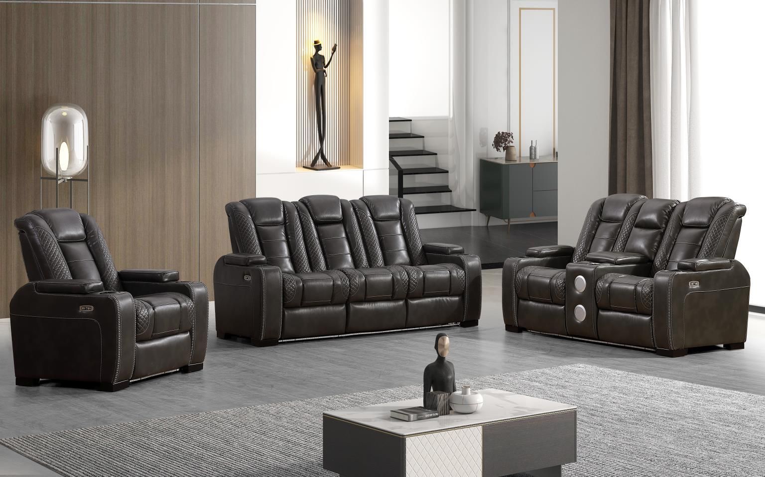 Grey hi-back reclining sofa, loveseat and recliner with diamond stitching accents and led lights