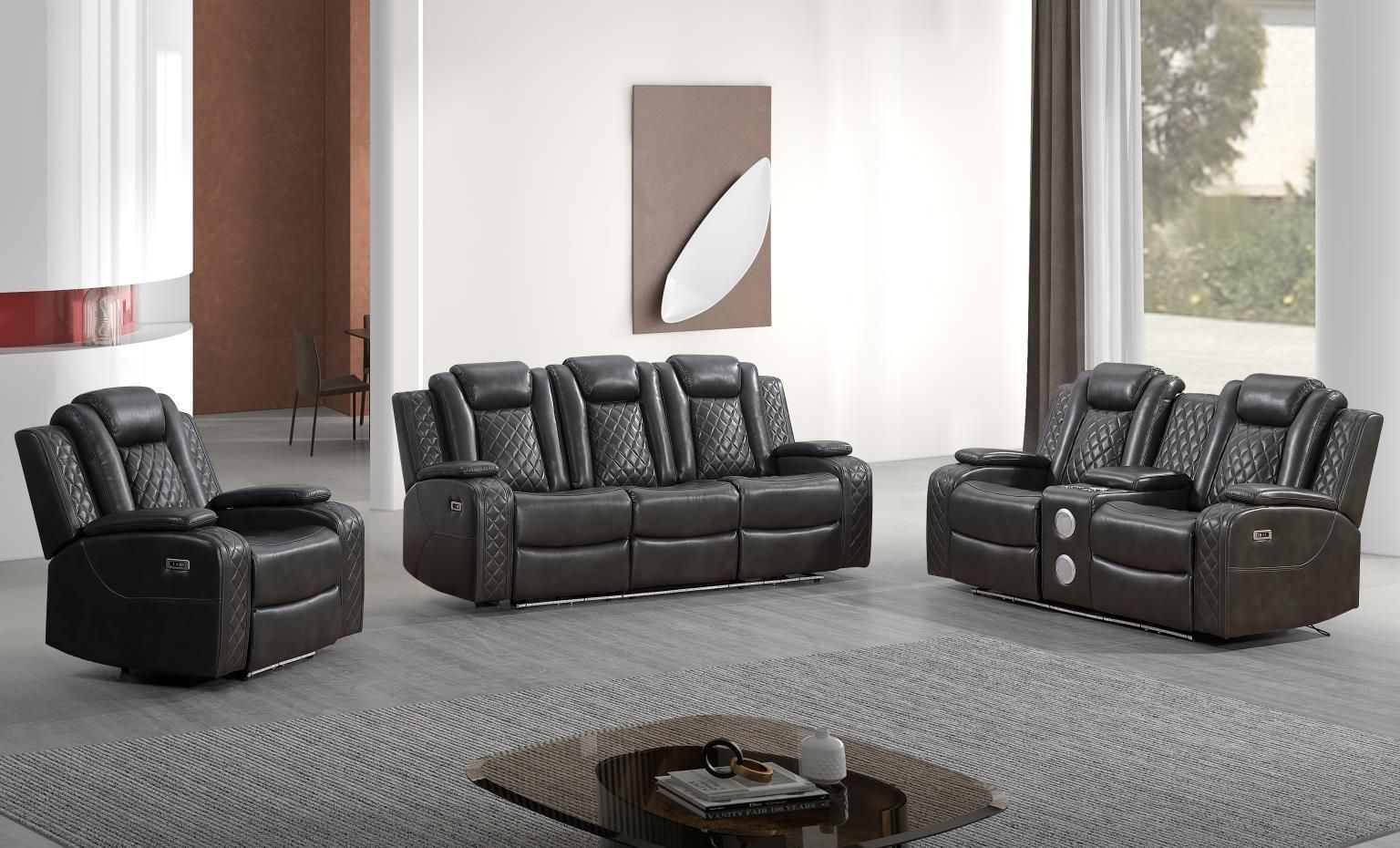 grey high back power-reclining sofa, loveseat and recliner. With LED lights and diamond stitching