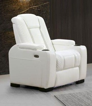 new white hi-back power recliner with led lights, cup holders and under arm-rest storage