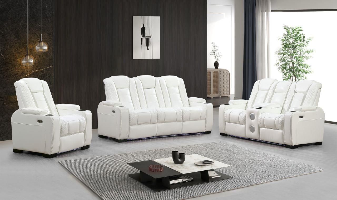 white hi-back reclining sofa, loveseat and recliner with diamond stitching accents and led lights