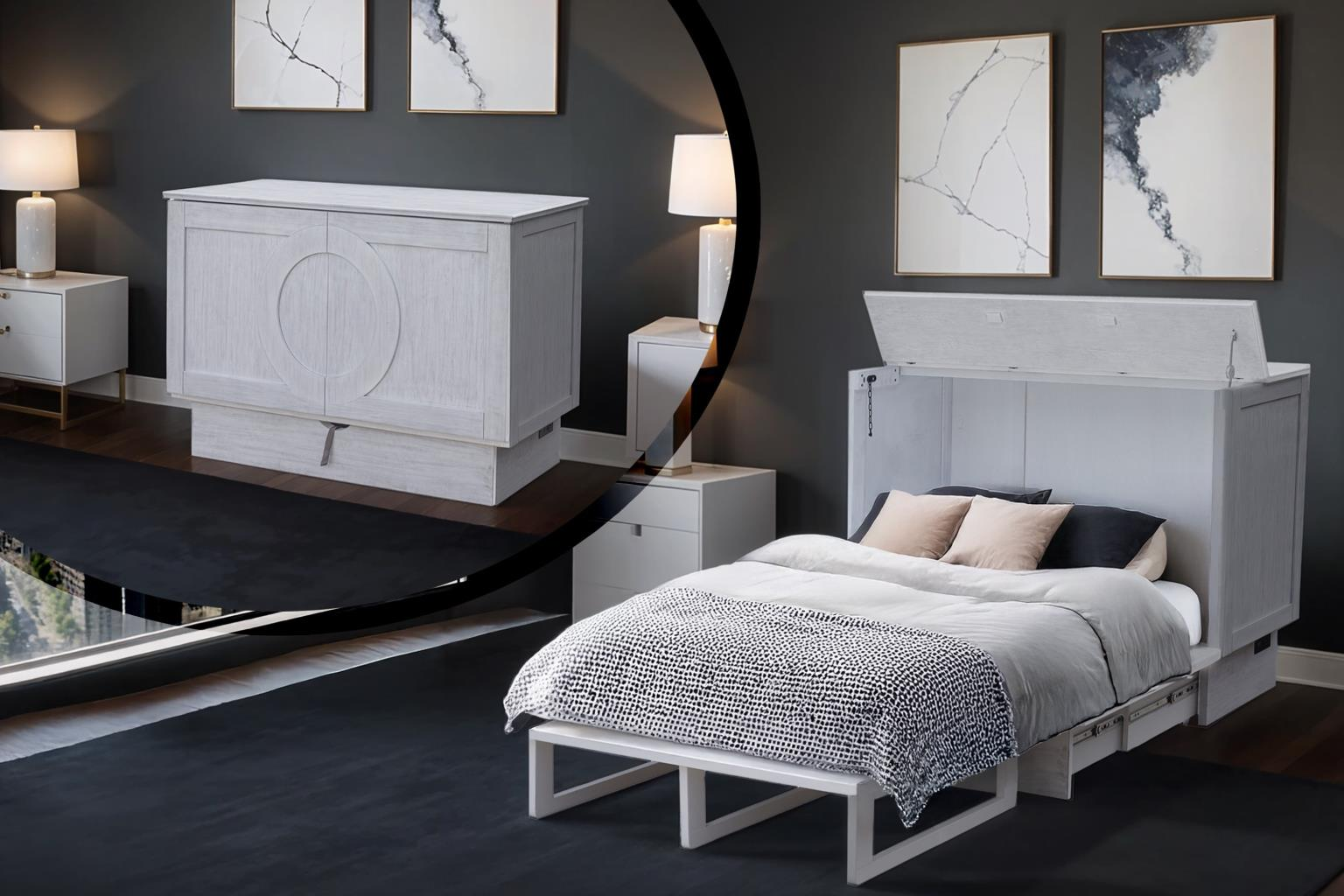 Light grey cabinet bed with a carved circle design on the front panel.