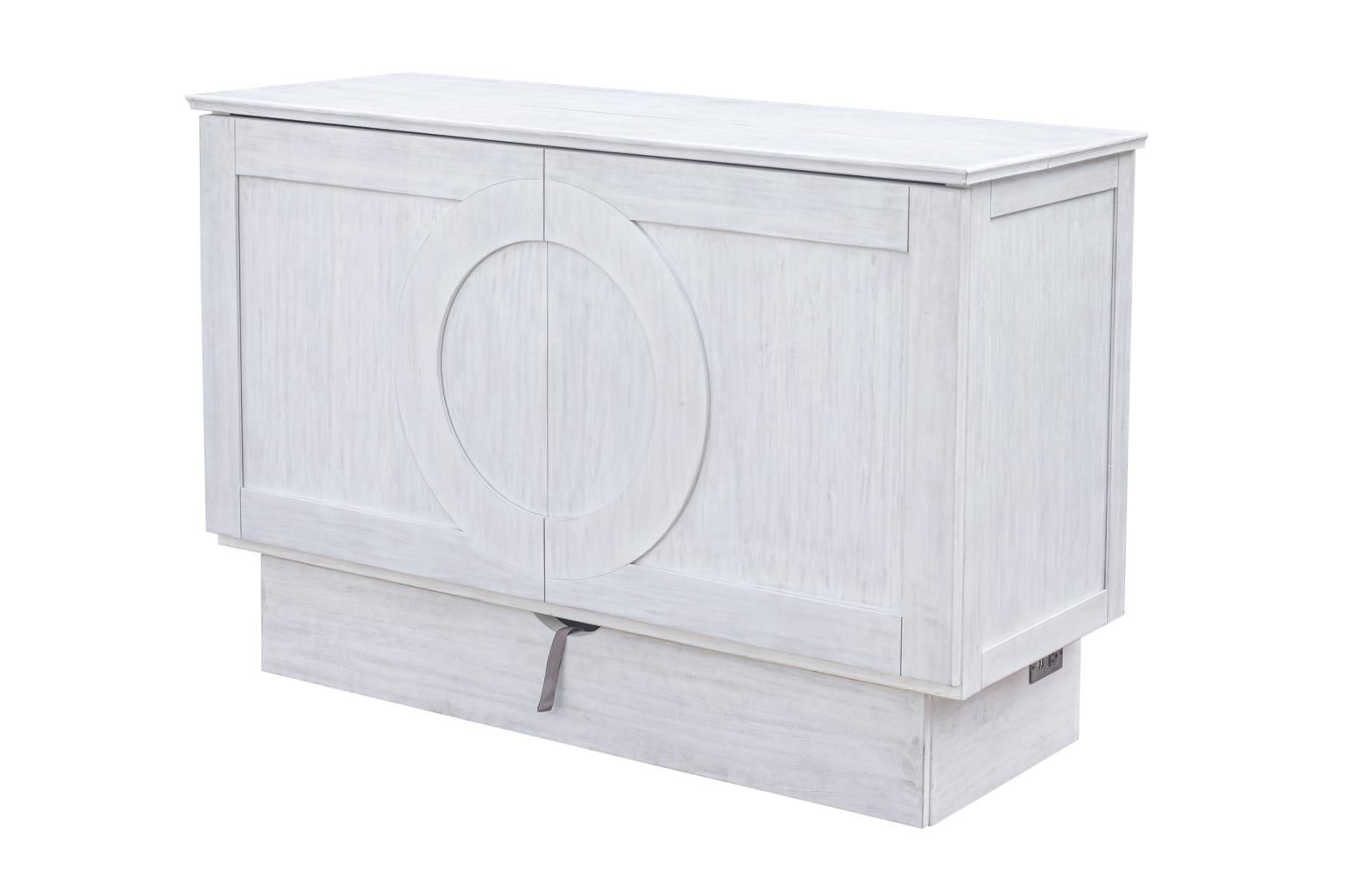 Light grey cabinet bed with a carved circle design on the front panel. Angled View.