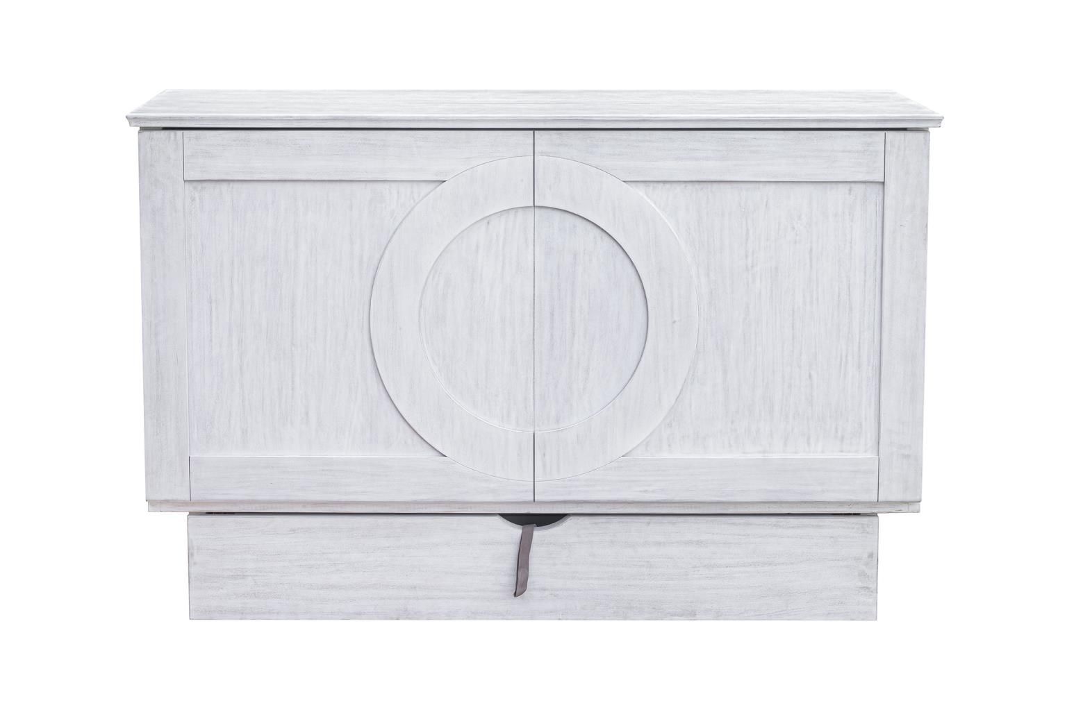 Light grey cabinet bed with a carved circle design on the front panel. Front View.