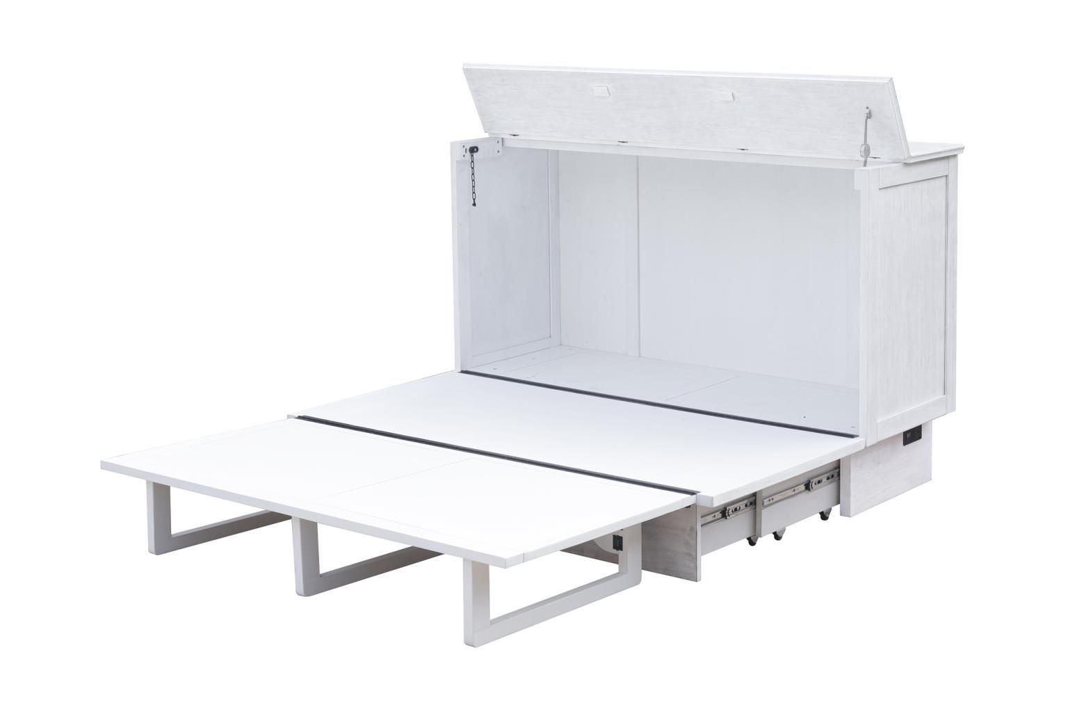 Light grey cabinet bed with a carved circle design on the front panel. Displayed open without the mattress.