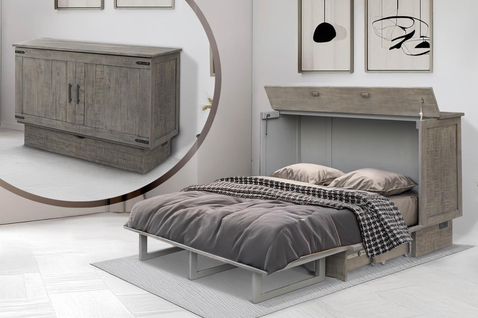 Medium grey wood with a rustic look cabinet bed with visible black hardware & decorative handles. Drawer at the bottom.