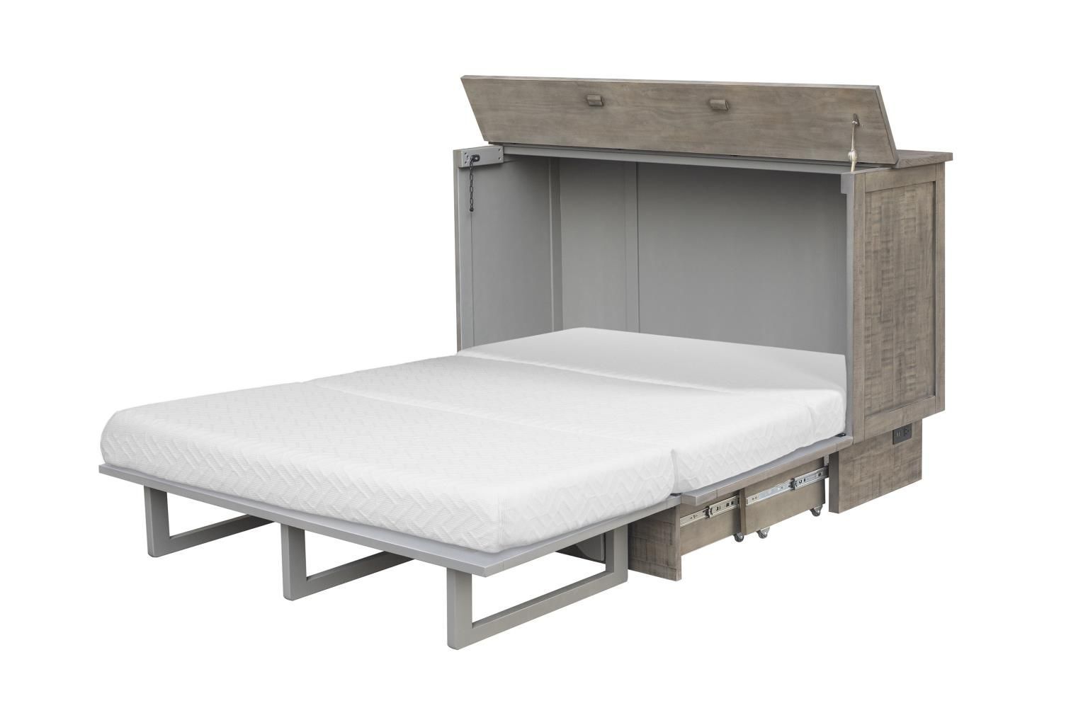 Medium grey wood with a rustic look cabinet bed with visible black hardware & decorative handles. Drawer at the bottom. Displayed open with the mattress.
